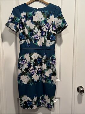 Adrianna Papell Teal Floral Midi Sheath Dress